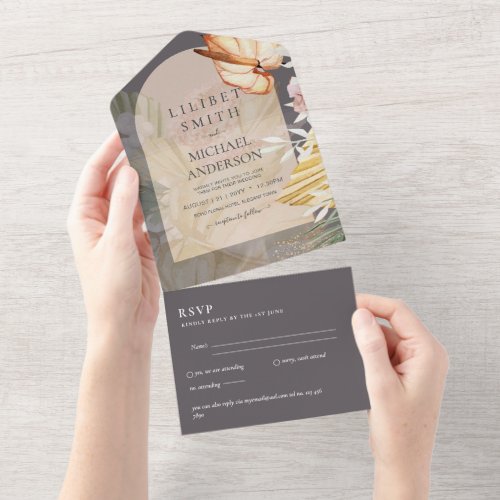 3in1 Boho Pampas Grass Wedding RSVP All In One Invitation