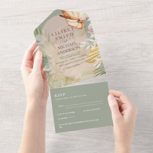 3in1 Boho Pampas Grass Wedding RSVP All In One Invitation