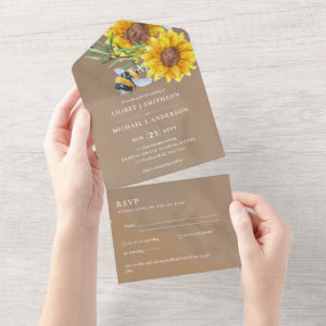 3in1 Boho Sunflowers Bee Nature Wedding RSVP All In One Invitation