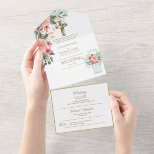 3in1 Catholic Wedding Invites Floral Gold RSVP