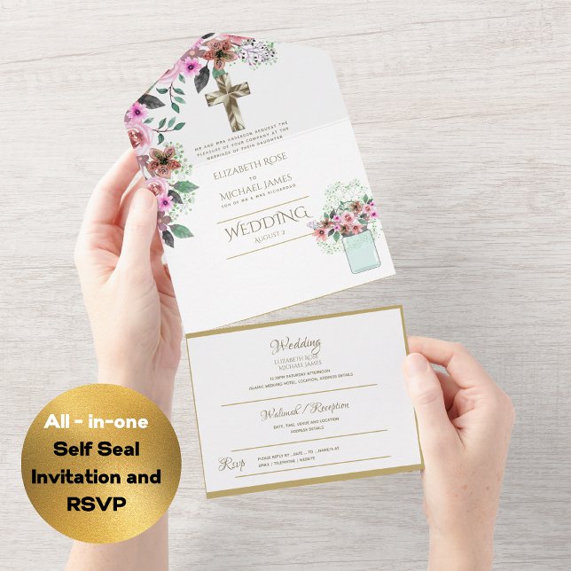 3in1 Catholic Wedding Invites Floral Gold RSVP (Creator Uploaded)