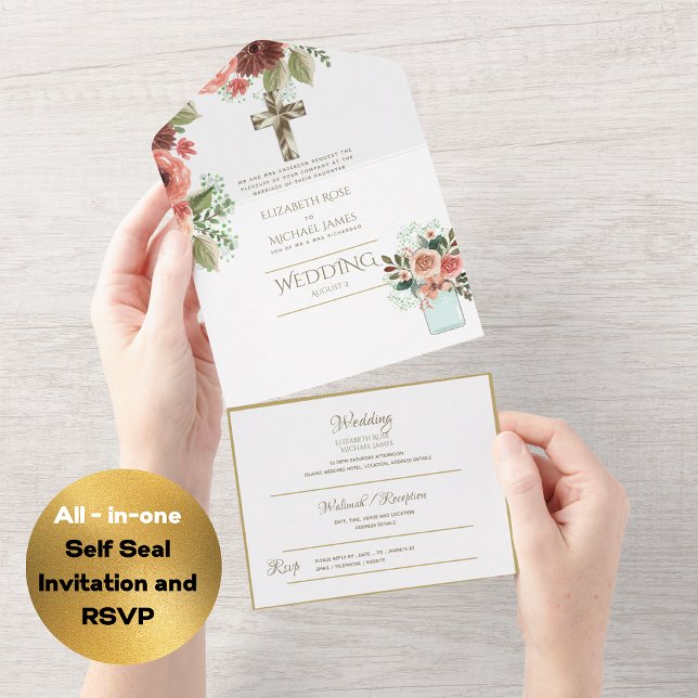 3in1 Catholic Wedding Invites Floral Gold RSVP (Creator Uploaded)