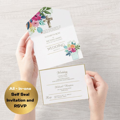 3in1 Catholic Wedding Invites Floral Gold RSVP