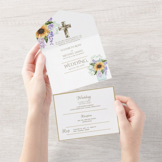 3in1 Catholic Wedding Invites Floral Gold RSVP (Tearaway)