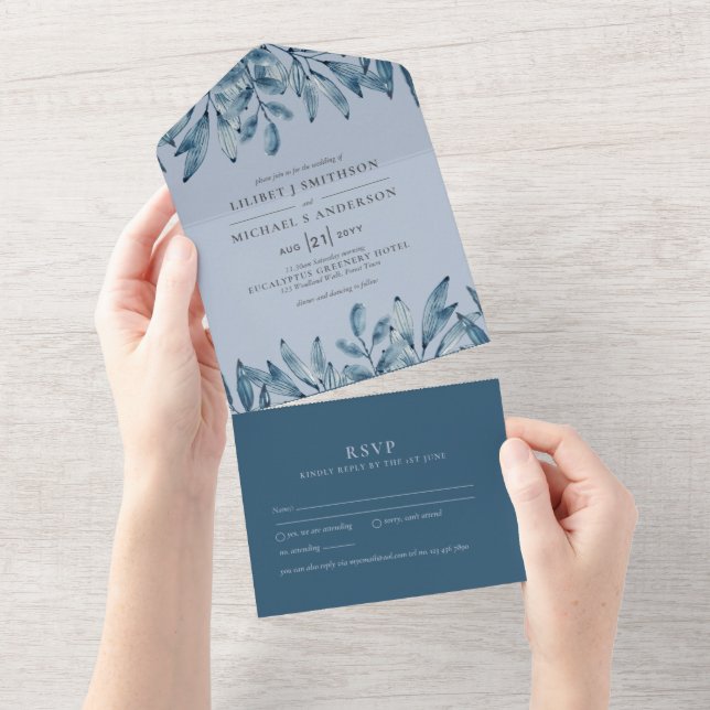 3in1 Dusty Blue Navy Leaves Wedding RSVP All In One Invitation (Tearaway)