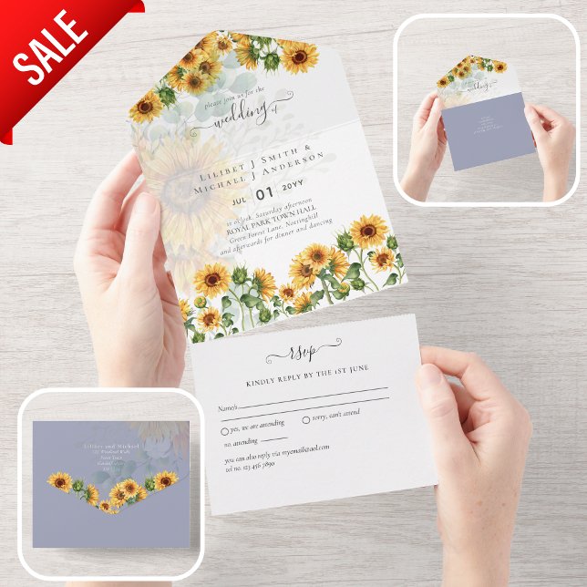  3in1 Dusty Blue SUNFLOWERS Floral Wedding All In One Invitation (Creator Uploaded)
