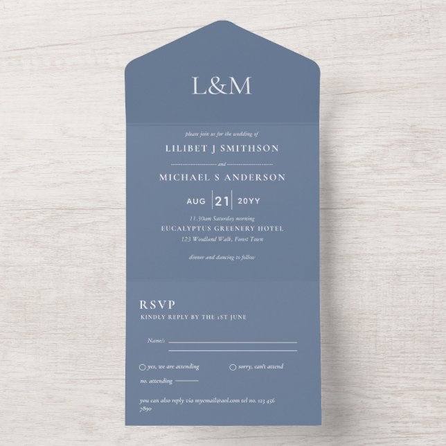 3in1 Dusty Blue White Text Only Wedding Invite (Inside)