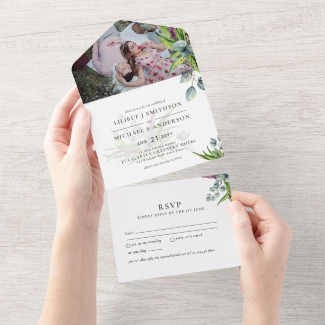3in1 Eucalyptus Greenery PHOTO Wedding Budget RSVP All In One Invitation (Tearaway)