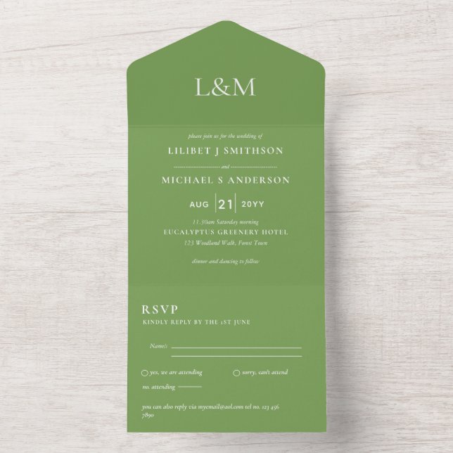 3in1 Foliage Green Text Only Wedding Invite RSVP (Inside)