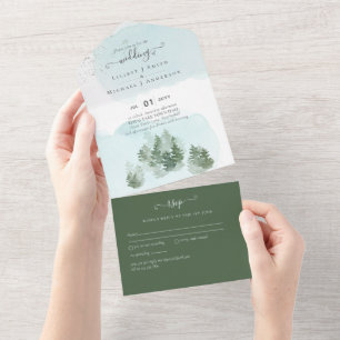 3in1 Forest Pine Trees Mountain Wedding RSVP All In One Invitation