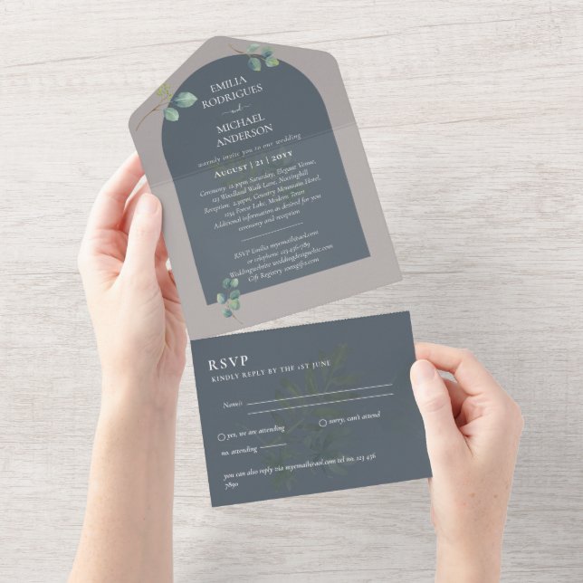 3in1 Greenery Eucalyptus Arch Wedding RSVP All In One Invitation (Tearaway)