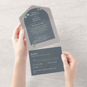 3in1 Greenery Eucalyptus Arch Wedding RSVP All In One Invitation