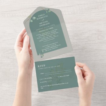 3in1 Greenery Eucalyptus Arch Wedding RSVP All In One Invitation
