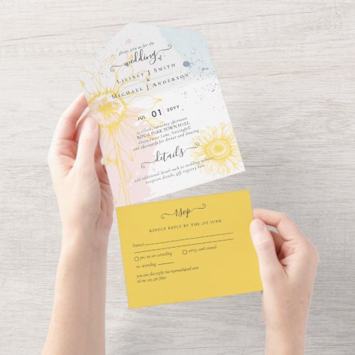 3in1 Modern Sunflower Blush Pink Blue Wedding RSVP All In One Invitation