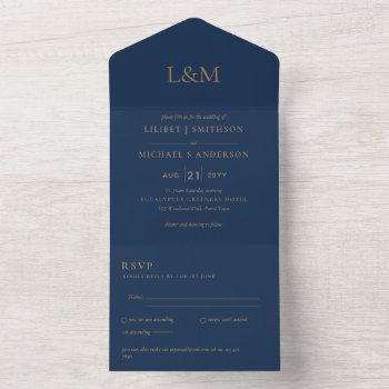 3in1 Navy Blue Gold Text Only Wedding Invite