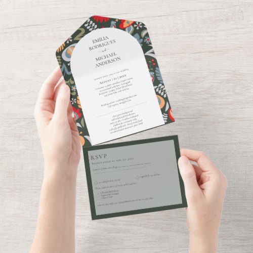 3in1 Olive Green Folk Art Floral PHOTO Floral All  All In One Invitation