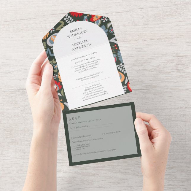 3in1 Olive Green Folk Art Floral PHOTO Floral All  In One Invitation (Tearaway)