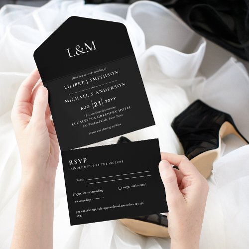 3in1 Onyx Black Text Only Wedding Invite RSVP