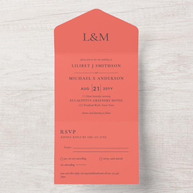 3in1 Peachy Coral Text Only Wedding Invite RSVP (Inside)