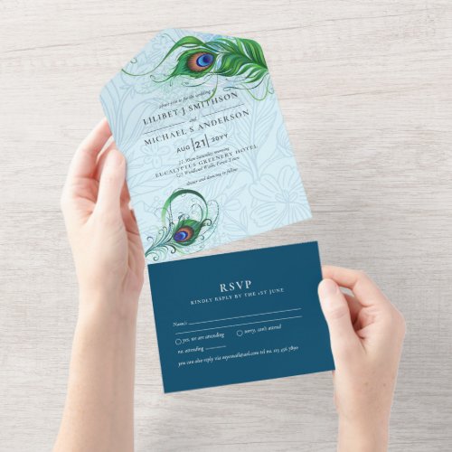 3in1 Peacock Blue Green Feather Wedding RSVP All I All In One Invitation