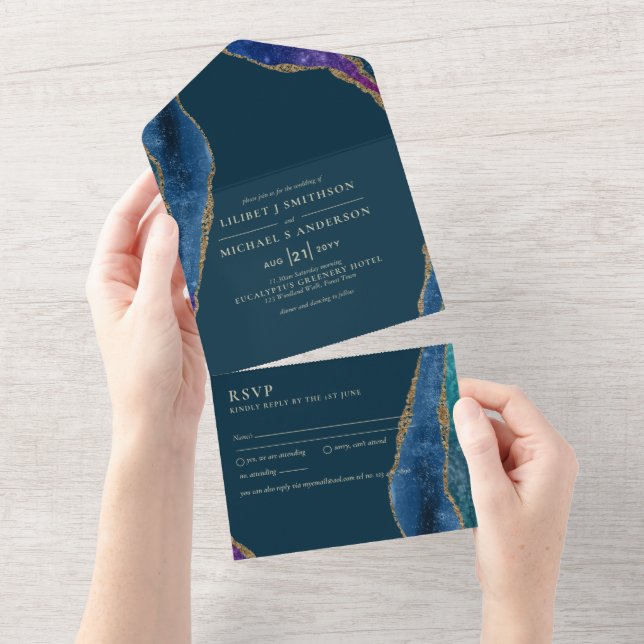3in1 Peacock Blue Green Gold AGATE  Wedding RSVP A All In One Invitation (Tearaway)
