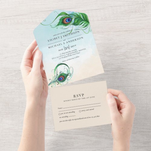 3in1 Peacock Feather Aqua Coral Wedding RSVP All In One Invitation