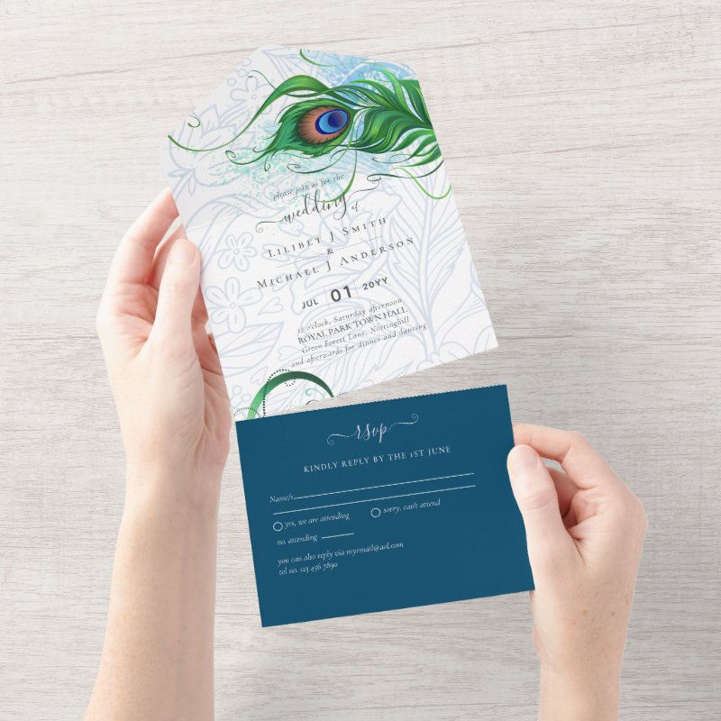 3in1 Peacock Feather Blue Green Wedding RSVP All In One Invitation
