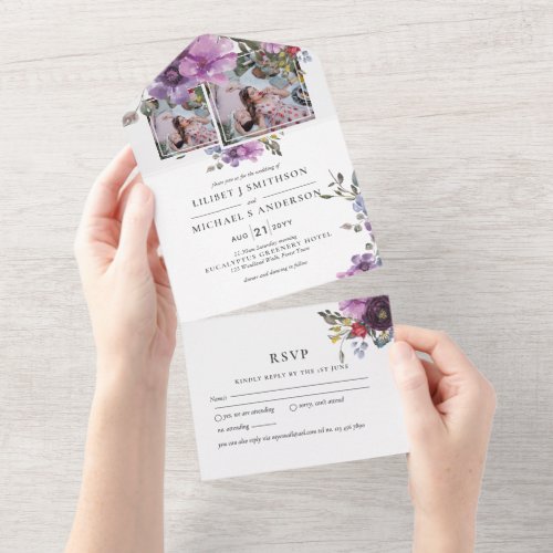 3in1 Purple Lavender PHOTO Wedding INVITE RSVP
