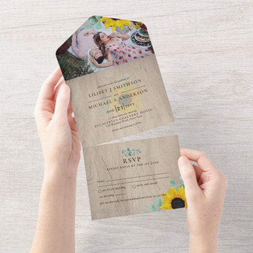 3in1 Rustic Sunflowers Eucalyptus Wedding RSVP All In One Invitation