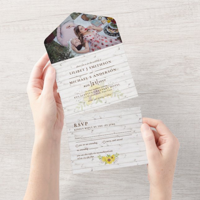 3in1 Rustic Sunflowers Woodland  Wedding RSVP All  In One Invitation (Tearaway)