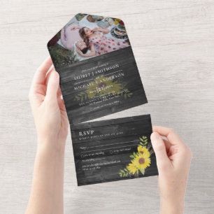 3in1 Rustic Sunflowers Woodland  Wedding RSVP All  In One Invitation