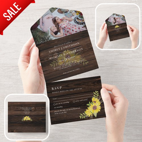 3in1 Rustic Sunflowers Woodland  Wedding RSVP All In One Invitation
