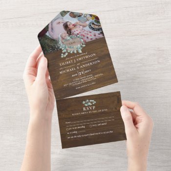 3in1 Rustic Wood Heart Monogram Wedding RSVP All In One Invitation