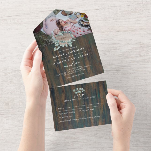 3in1 Rustic Wood Heart PHOTO Wedding RSVP All In One Invitation (Tearaway)