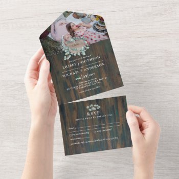 3in1 Rustic Wood Heart PHOTO Wedding RSVP All In One Invitation