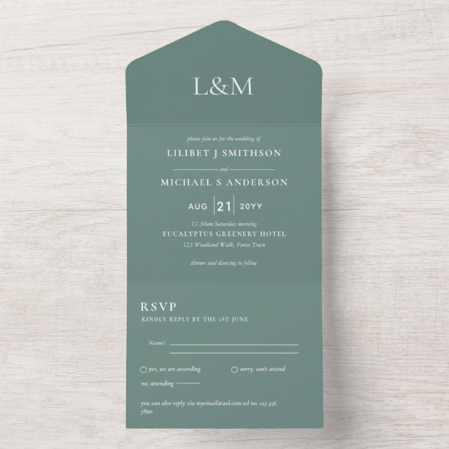 3in1 Sage Green Text Only Wedding Invite RSVP (Inside)