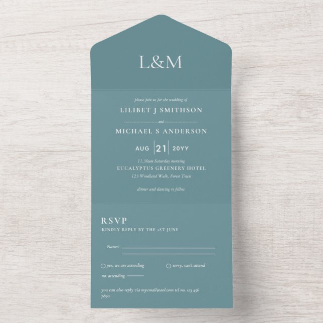 3in1 Teal Blue White Text Only Wedding Invite (Inside)