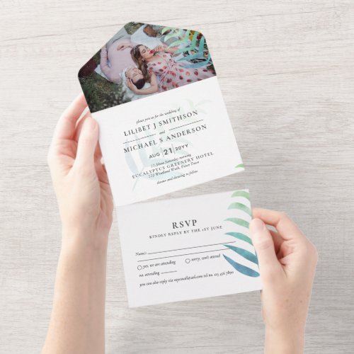 3in1 Tropical Palm Leaf PHOTO Wedding Budget RSVP All In One Invitation