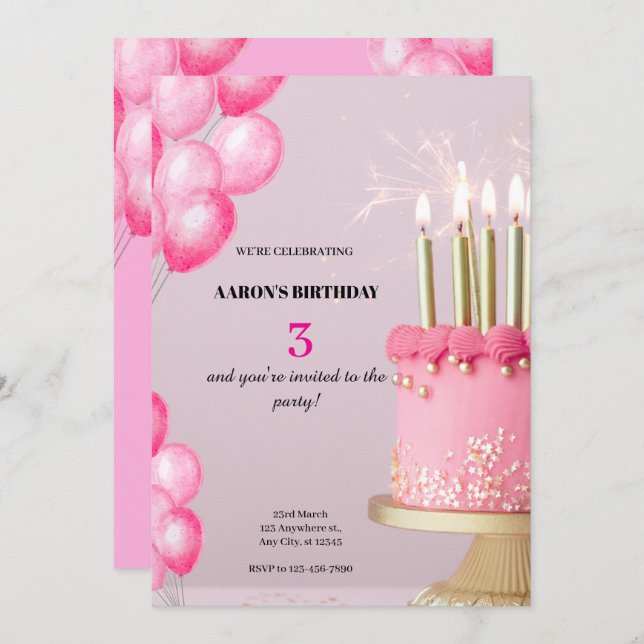 3nd Birthday Invitation – Cute & Customizable Part (Front/Back)