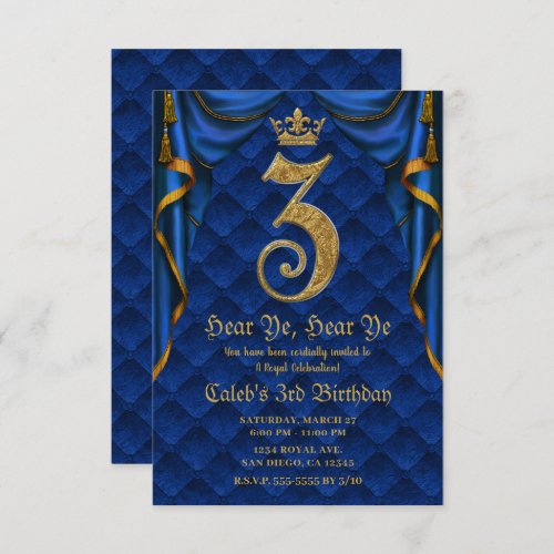 3rd 3 THREE Birthday Party Royal Blue Gold Crown  Invitation