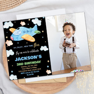 3RD Airplane Birthday Invitations Blue Black Photo