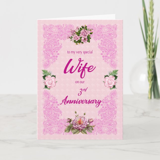 3rd Anniversary for Wife with Pink Roses Card (Front)