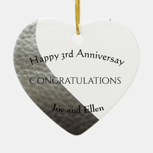 3rd Anniversary, Leather Anniversary Heart Ceramic Ornament (Front)