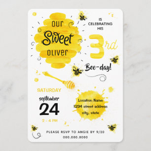 3rd BEEday Honey Bee Yellow Third Birthday Party Invitation