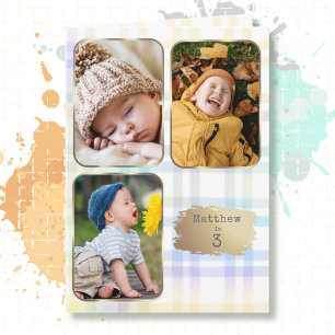 3rd Birthday 3 Photo Collage Plaid Watercolor Card