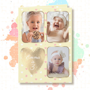 3rd Birthday 3 Picture Collage Yellow Pink White Card