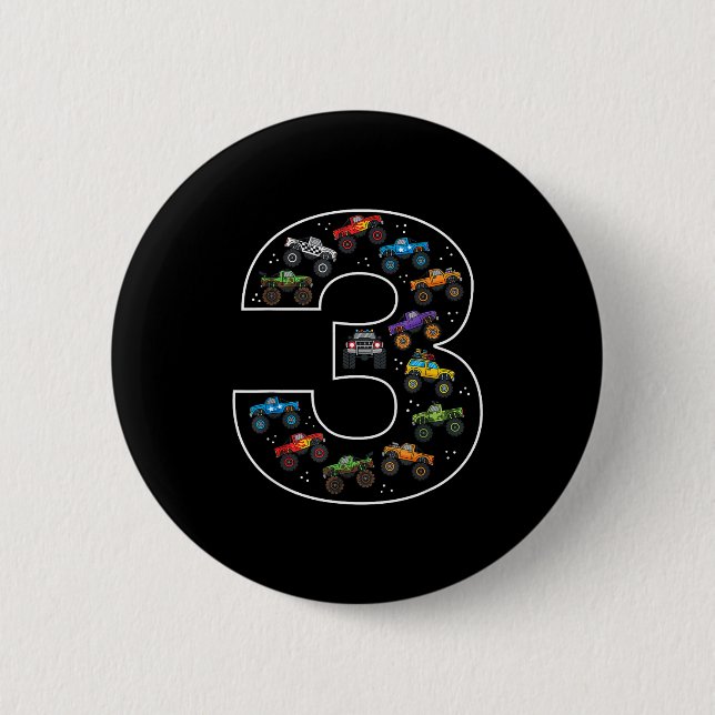 3rd Birthday 3 Year Old Car Boys Monster Truck  Button (Front)
