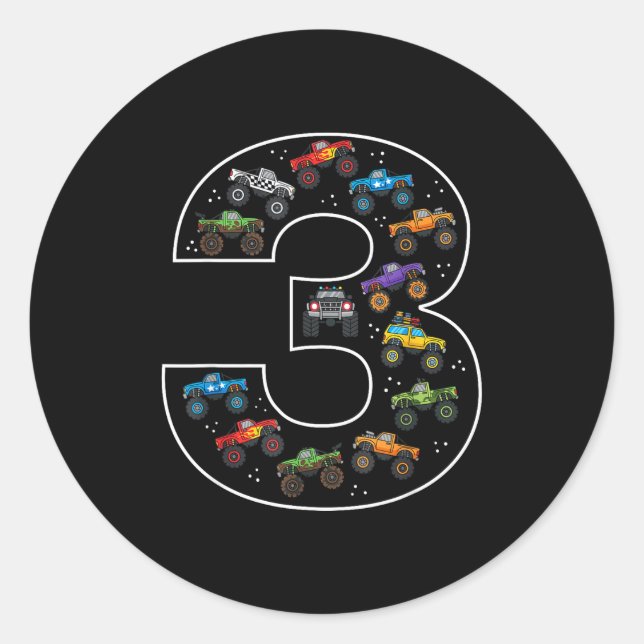 3rd Birthday 3 Year Old Car Boys Monster Truck  Classic Round Sticker (Front)