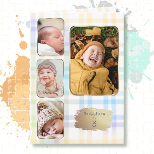 3rd Birthday 4 Picture Collage Plaid Watercolor Card