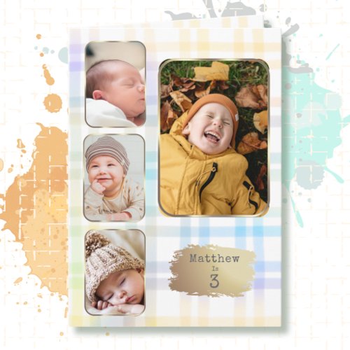 3rd Birthday 4 Picture Collage Plaid Watercolor Card